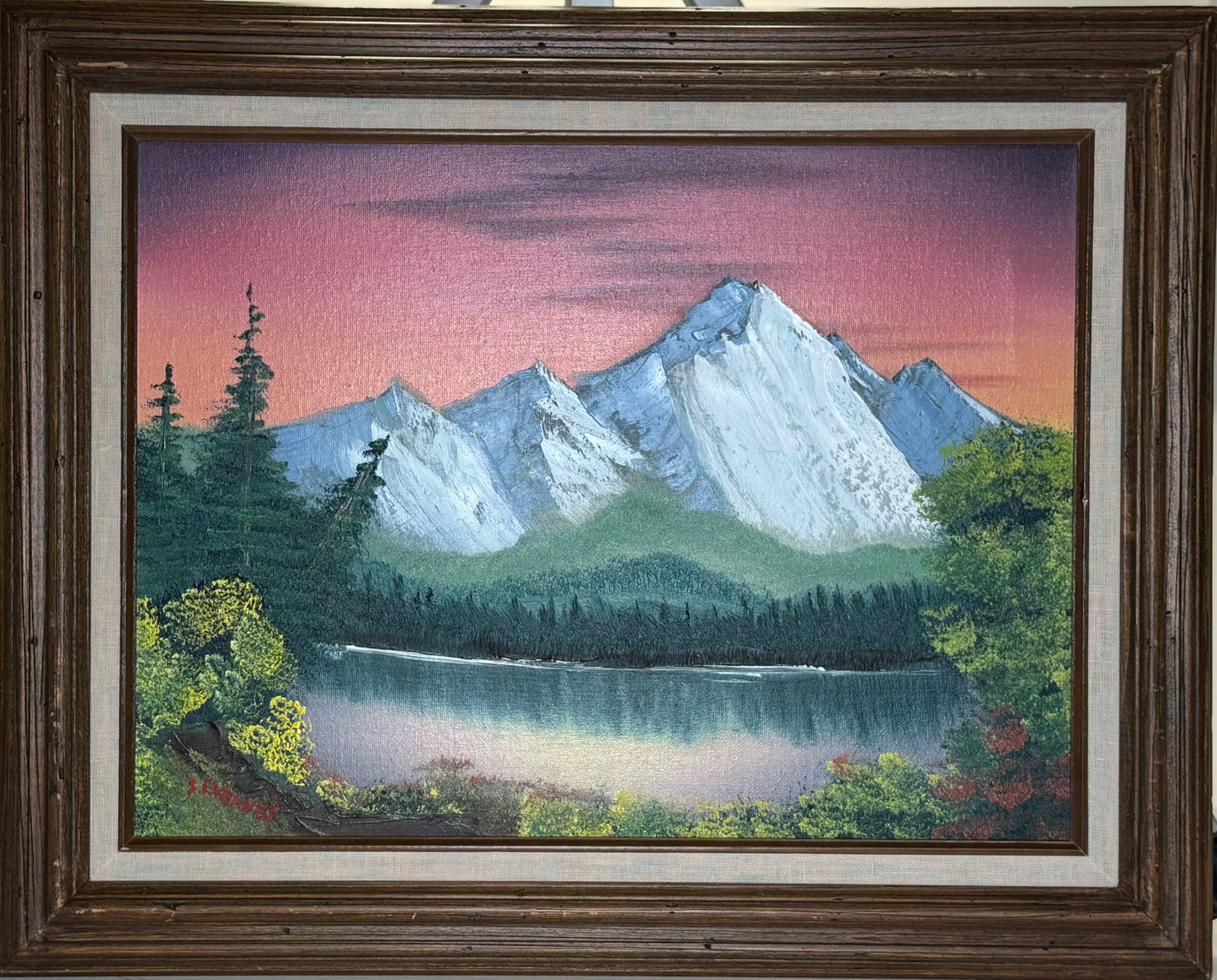 10 Oil painting on 12x16 canvas set within wood frame, Spring landscape with mountain range, trees and lake.
