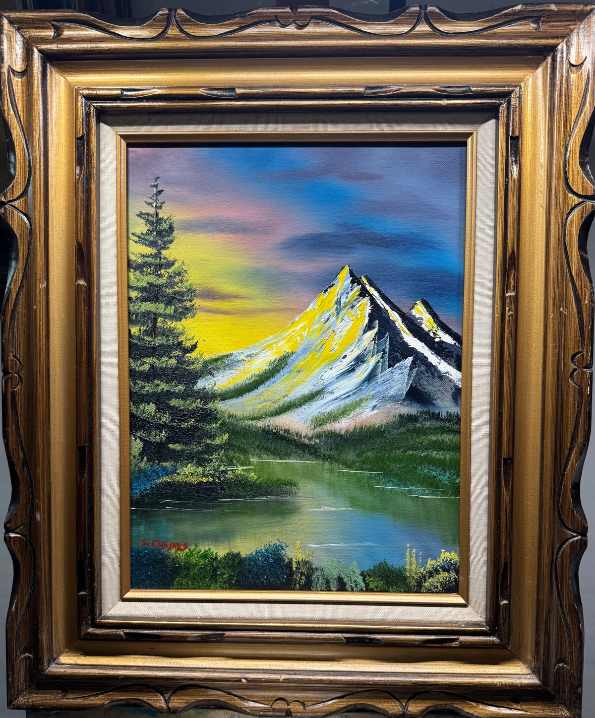 (10) "Mountain Mischief" Oil painting on 12x16 canvas within wood frame.