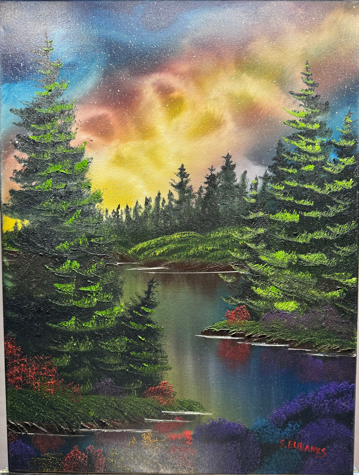 (11) "Solitude" Oil painting on 18x24 canvas only. Galaxy landscape painting in woods with creek quietly running through.