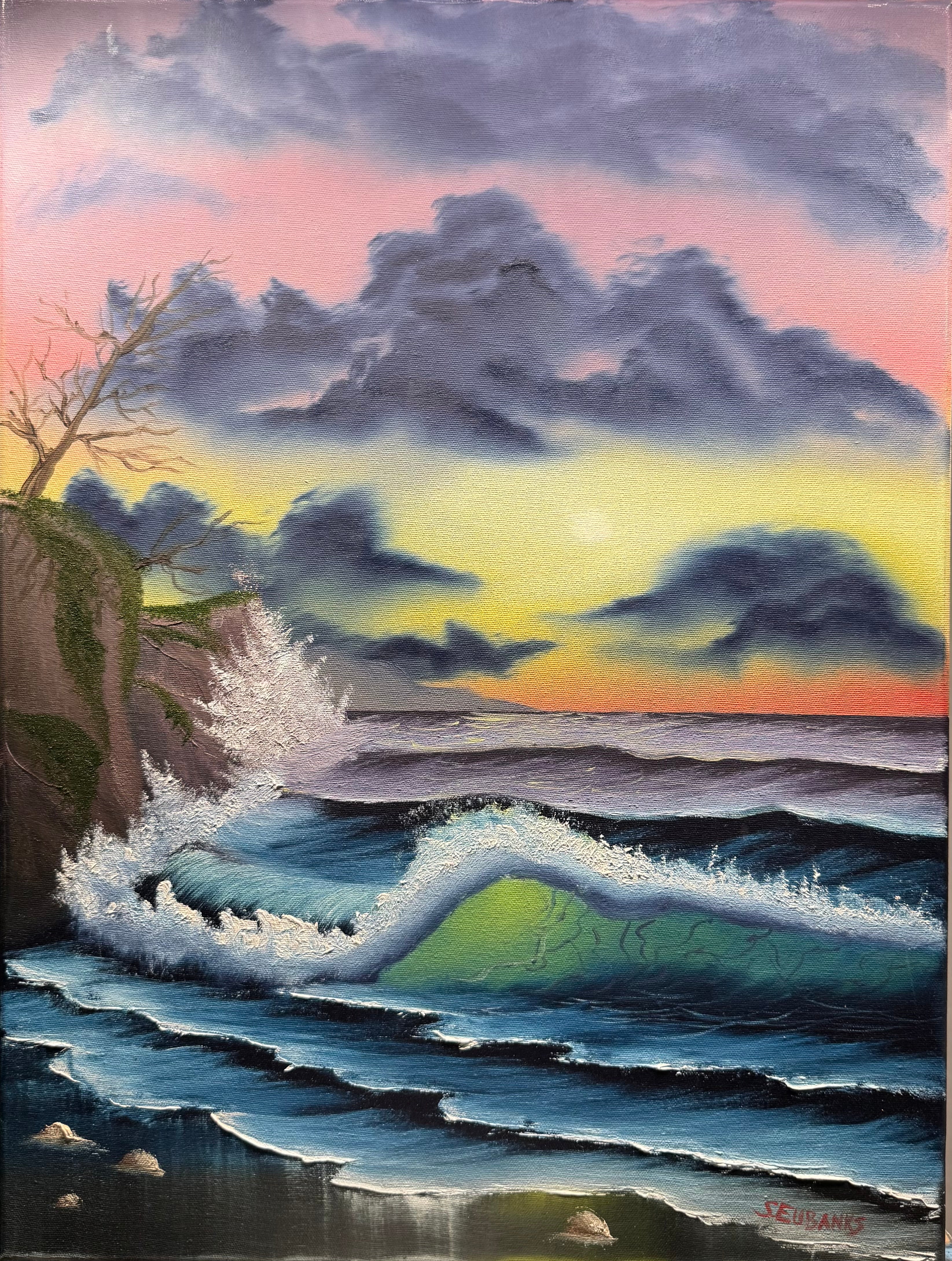 (14) Oil painting on 18x24 canvas only. Sunset seascape with waves crashing into cliffs, large breaking wave.