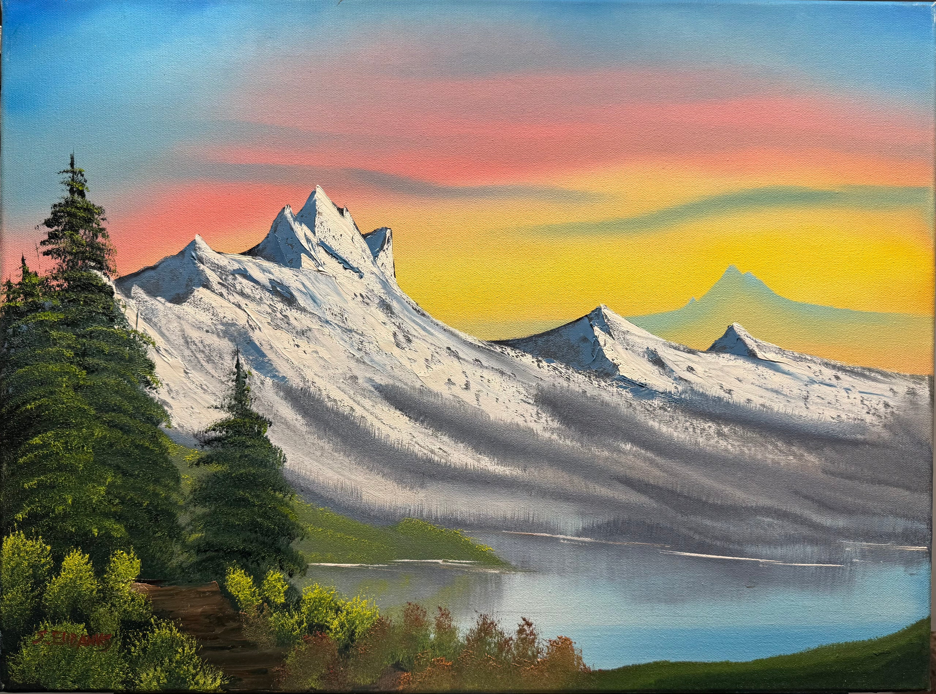 (15) Oil painting on 18x24 canvas only. Mountain landscape on lake during sunset.