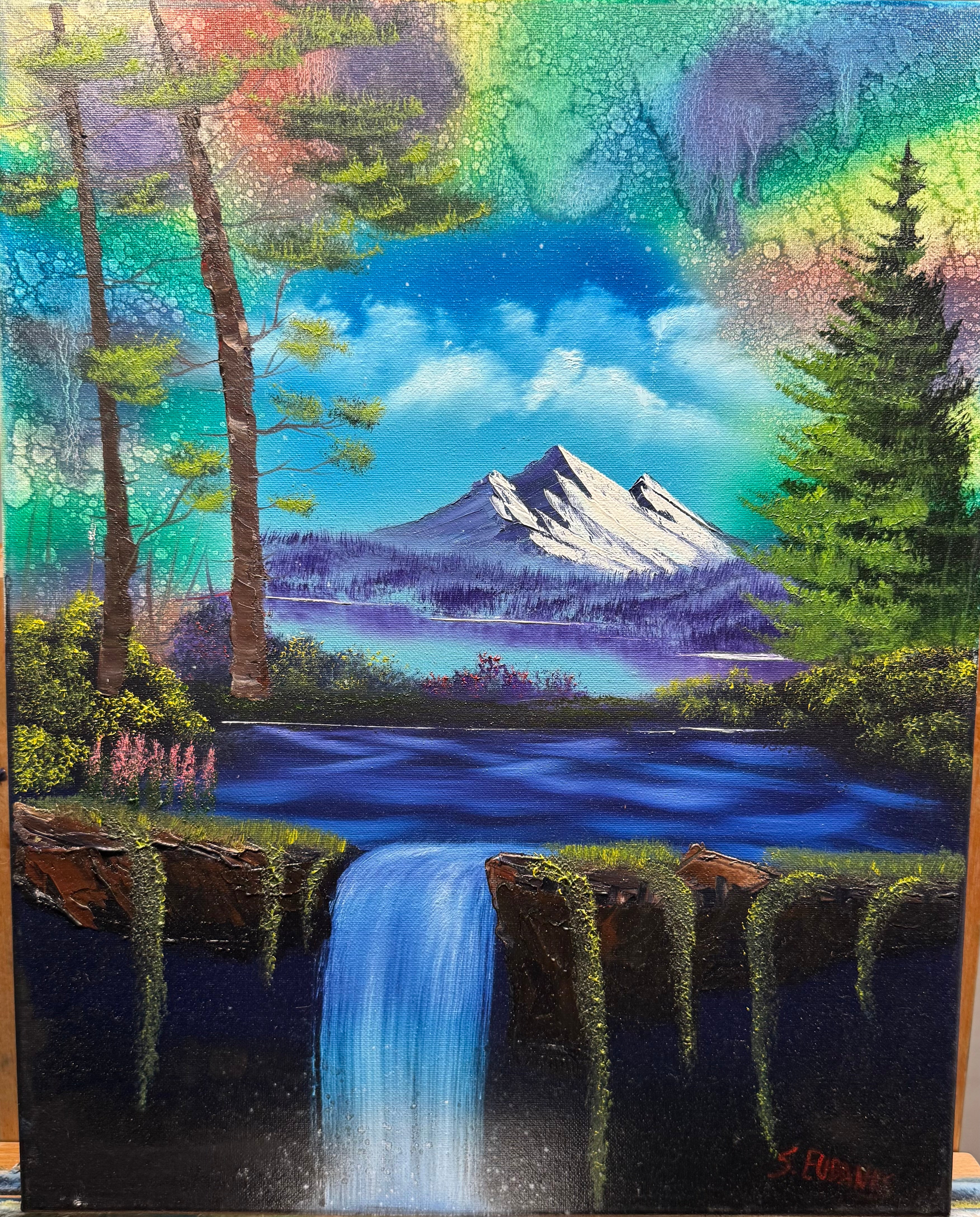 (16) Oil painting on 16x20 canvas only. Mountain on a lake dreamscape on lake with hidden waterfall.