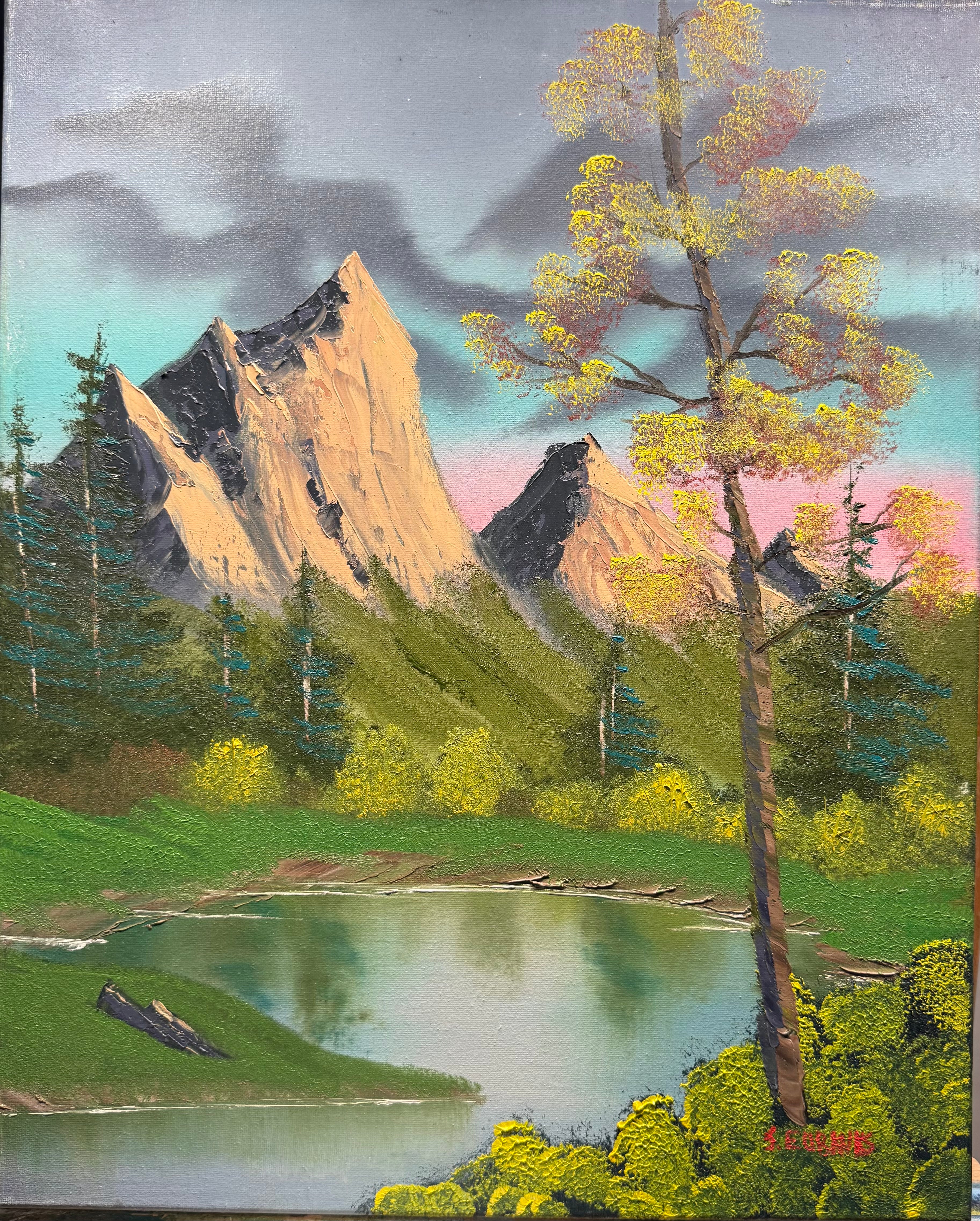 (17) Oil painting on 16x20 canvas only. Mountain landscape painting with trees and creek set on a sunset.
