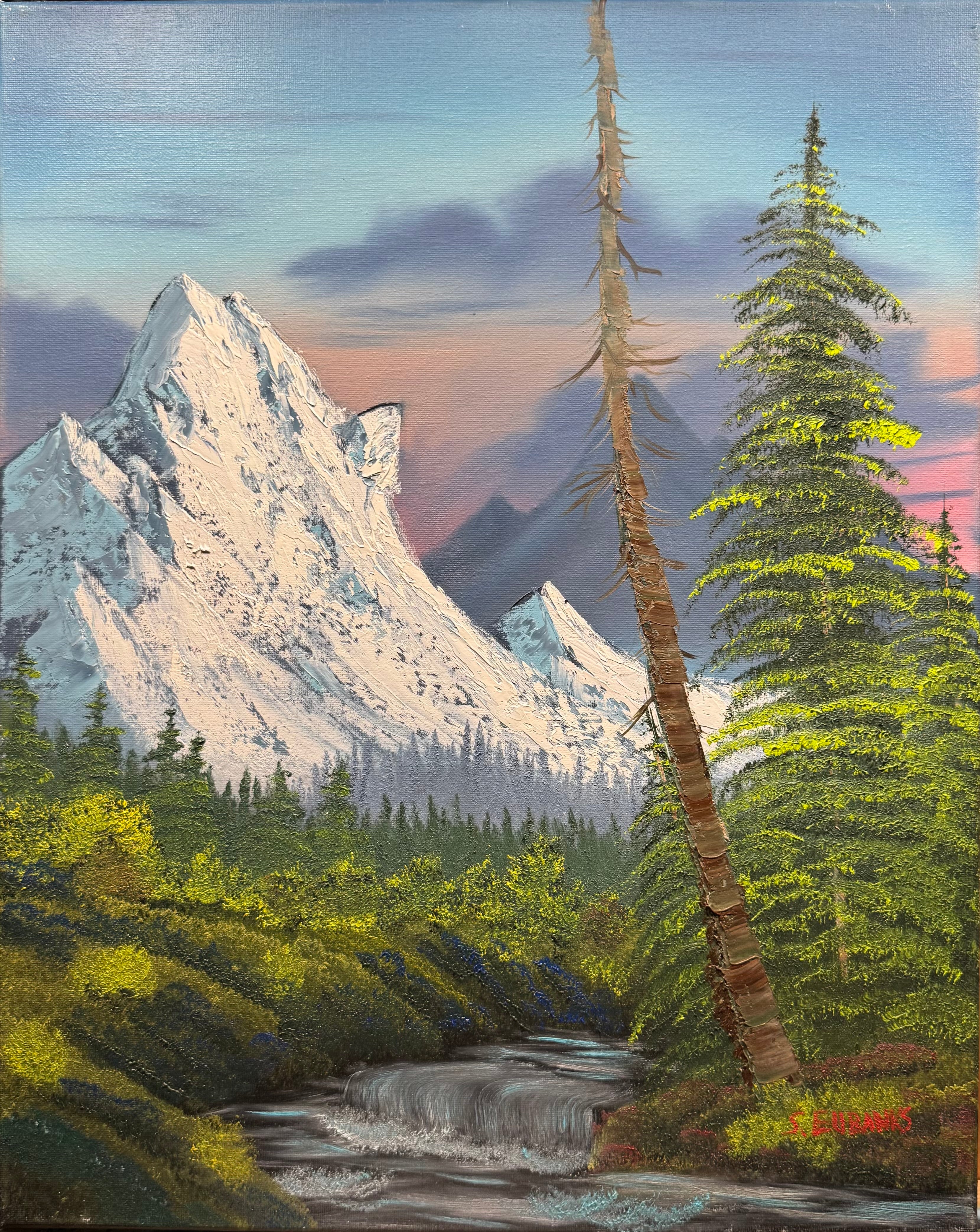 (18) Oil painting on 16x20 canvas only. Mountain landscape painting with trees and creek set on a sunset.