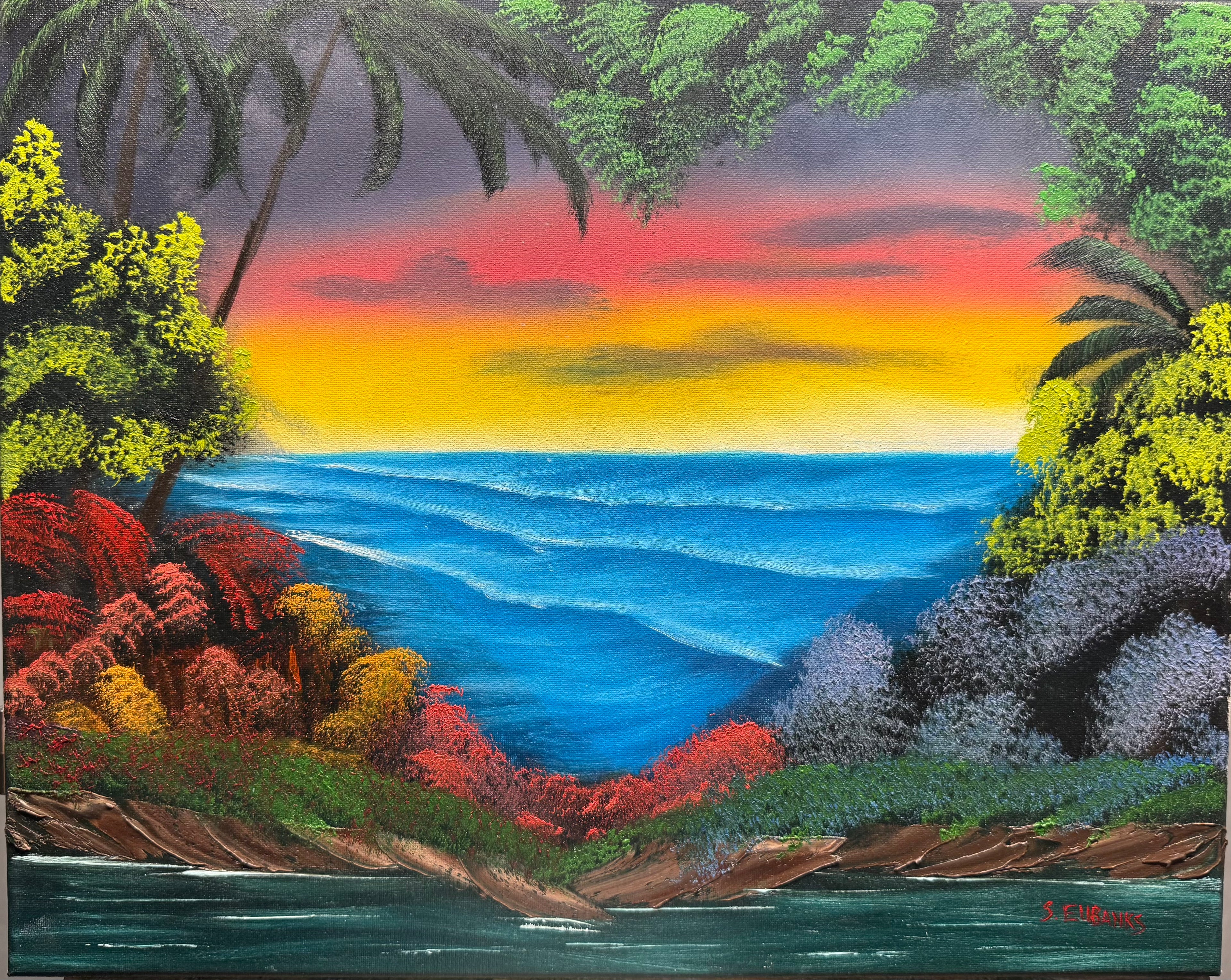 (19) Oil painting on 16x20 canvas only. Heart shaped seascape painting with hidden cove.