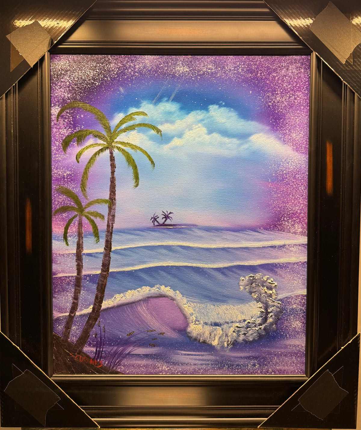 (1) Oil painting on 16x20 canvas set within an ornate gold frame. Purple night seascape with palm trees, on a peaceful beach with crashing waves.