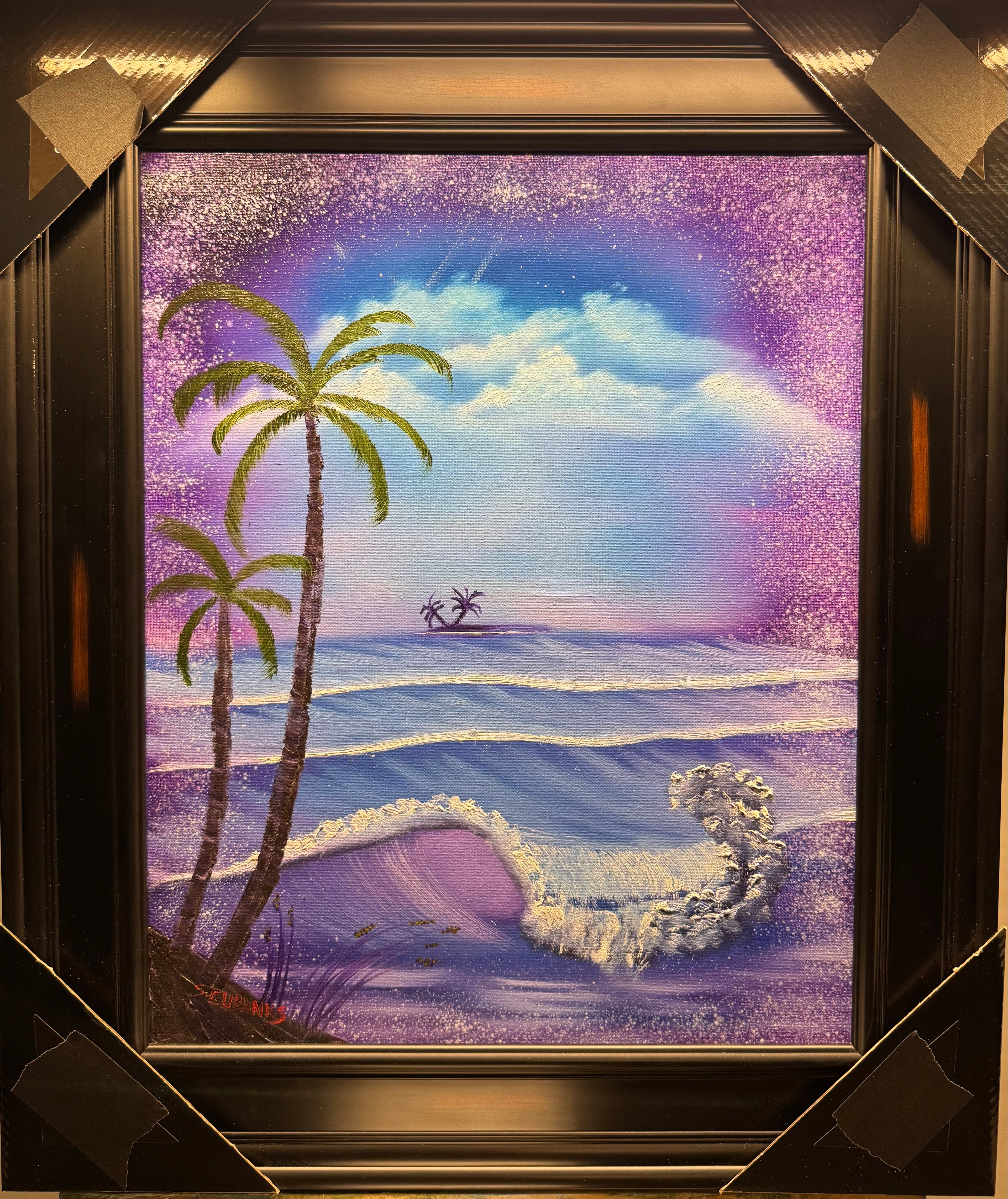 BLACK TAPE Series: (1) Oil painting on 16x20 canvas set within an ornate gold frame. Purple night seascape with palm trees, on a peaceful beach with crashing waves.