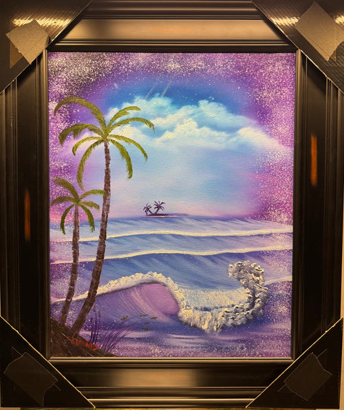 (1) Oil painting on 16x20 canvas set within an ornate gold frame. Purple night seascape with palm trees, on a peaceful beach with crashing waves.