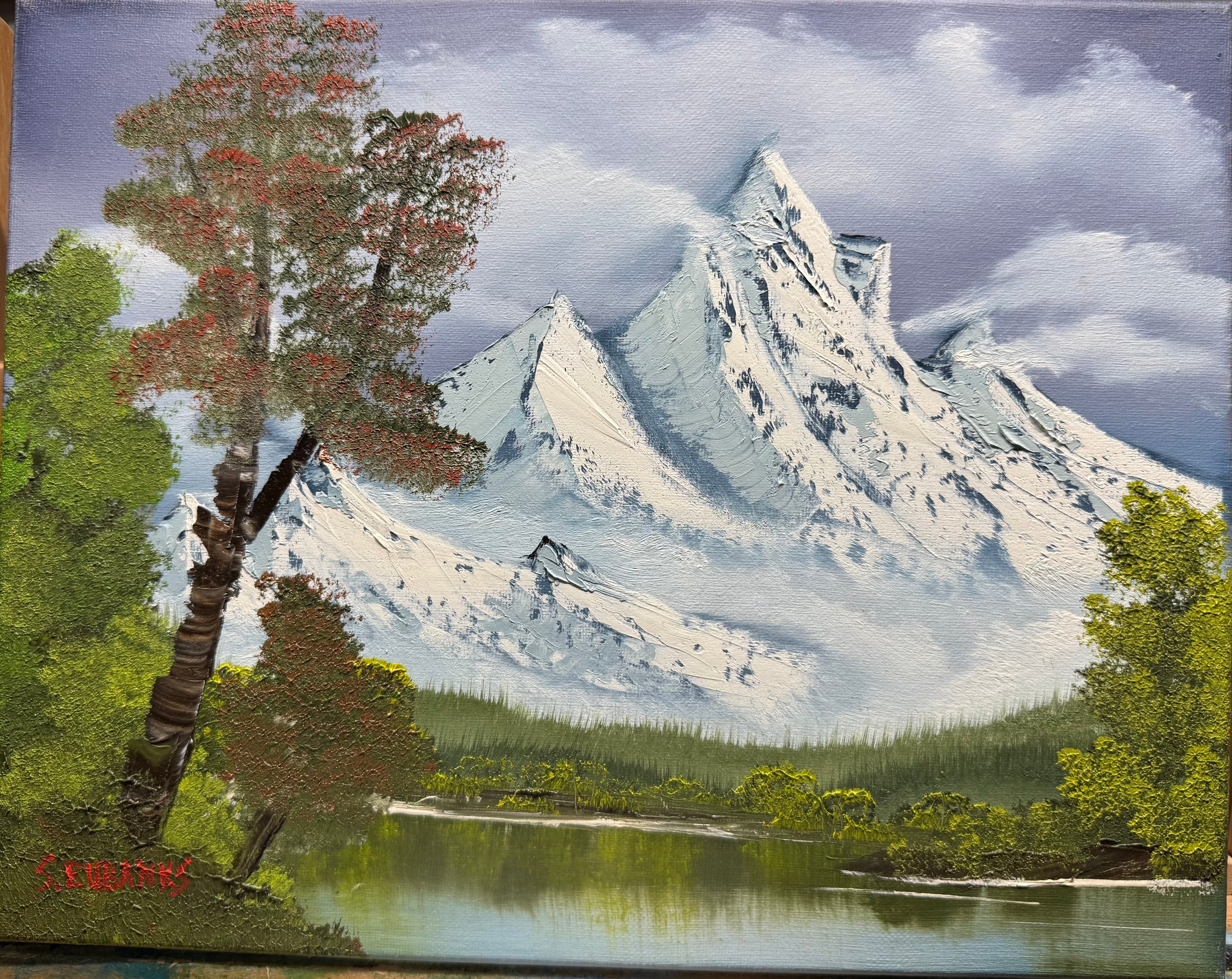 (22) Oil painting on 11x14 canvas set with no frame, Fall landscape with mountain range, trees and lake.