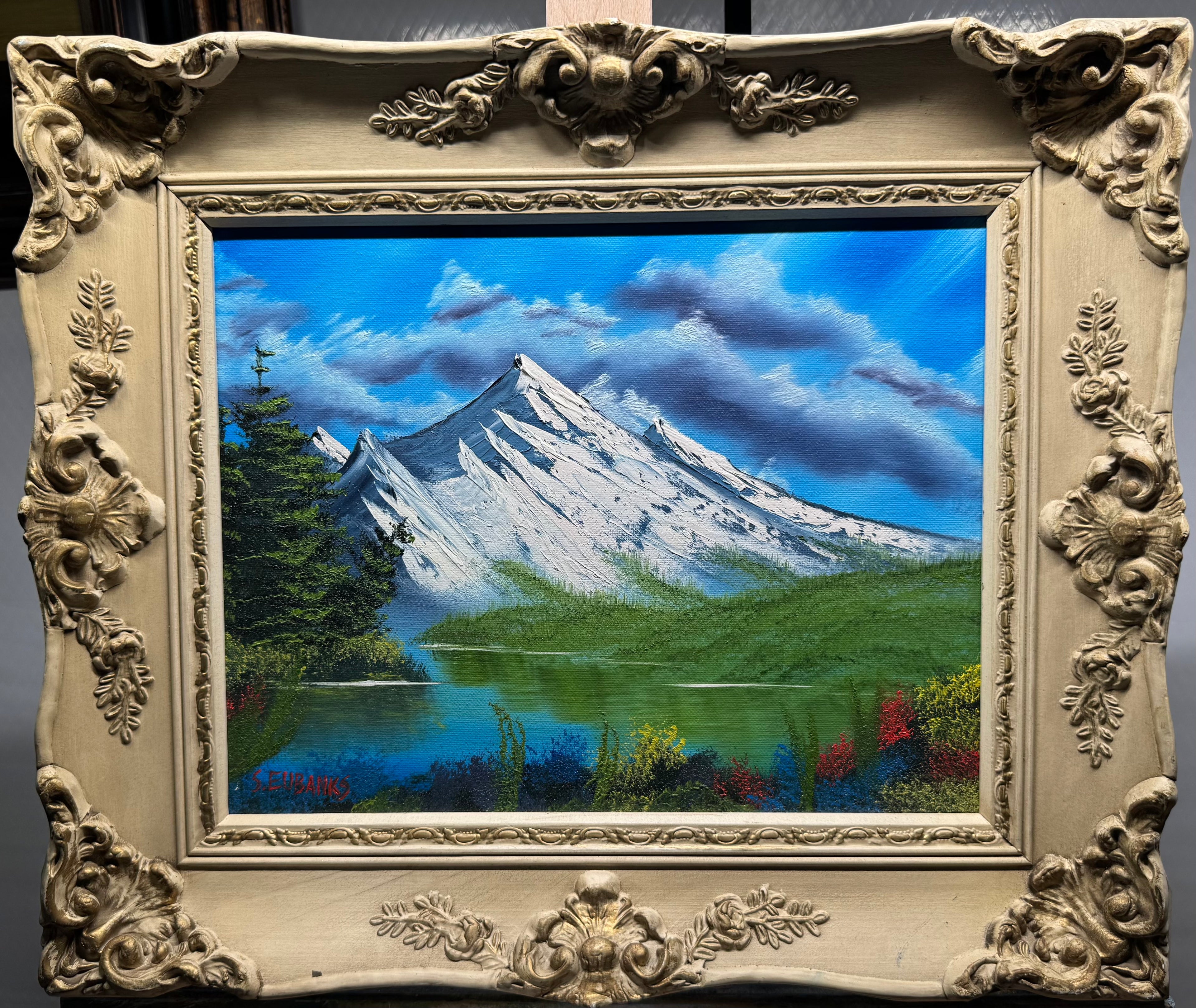 (24) Oil painting on 11x14 canvas within ornate white frame.