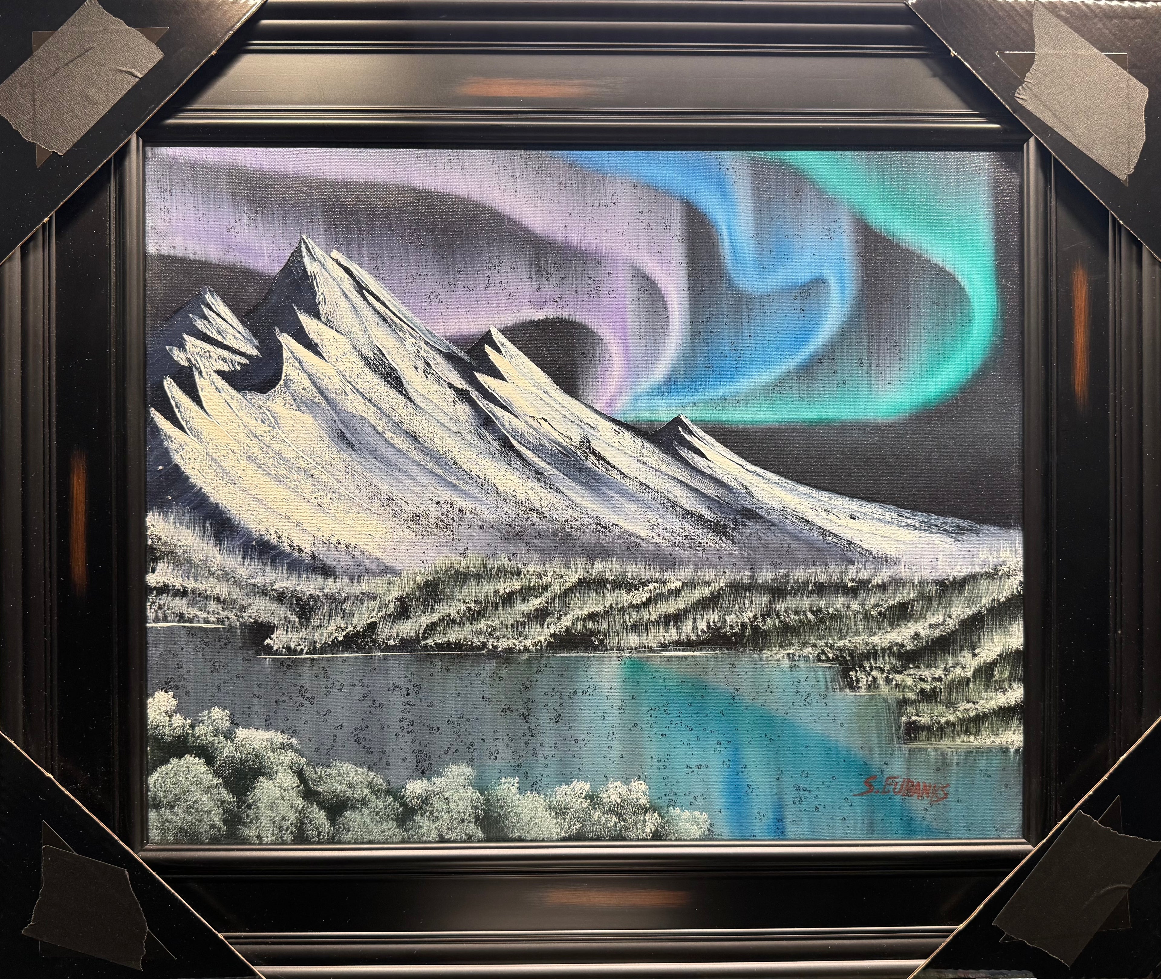 BLACK TAPE Series: (3) Oil painting on 16x20 in black frame. Northern Lights Landscape painting with mountain on a lake during a Winters night. Early spring with rain(real) falling.