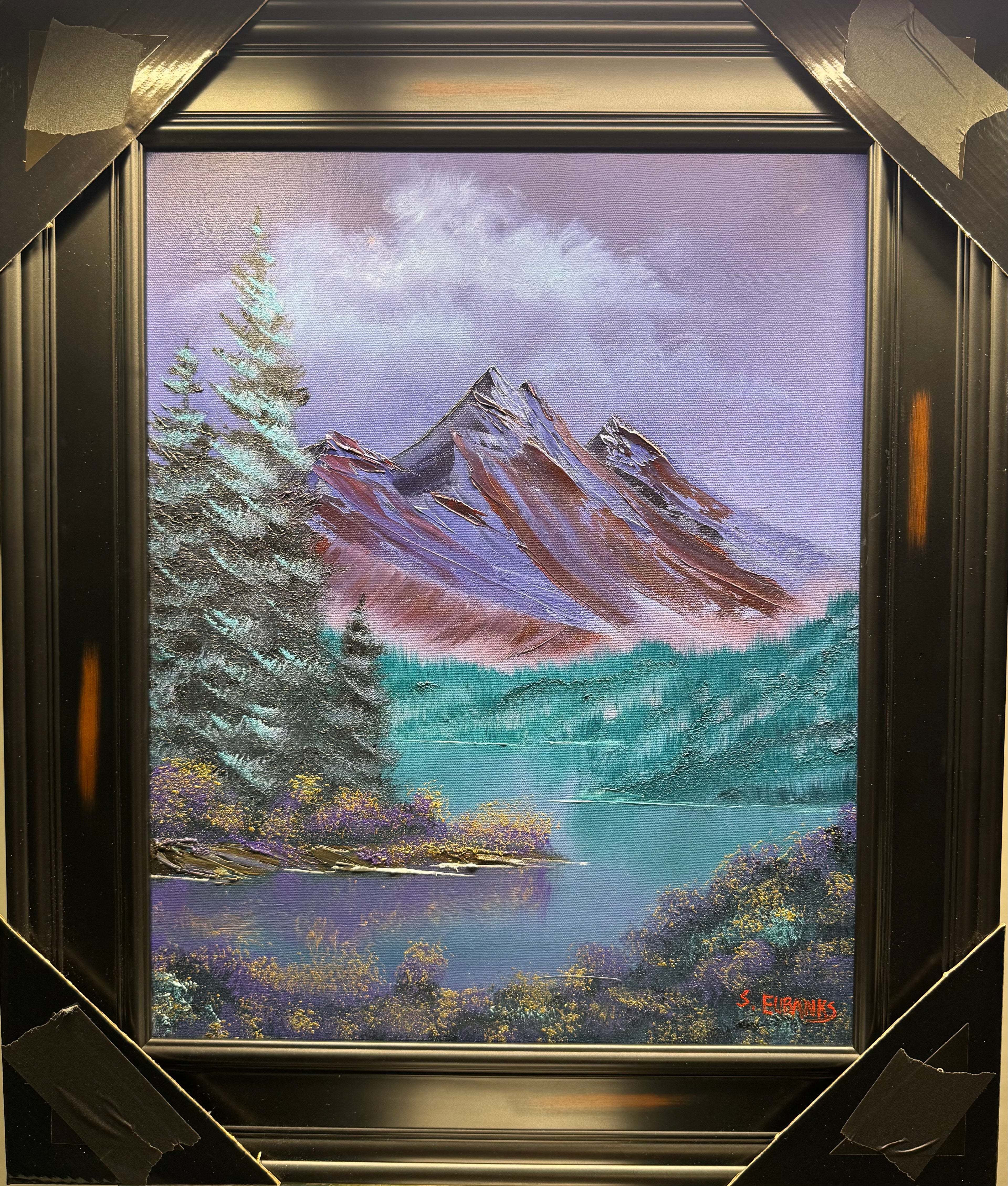 BLACK TAPE Series: (4) BLACK TAPE Series: (2) Oil painting on 16x20 canvas set with black frame. Mountain landscape with foot hills, on a peaceful lake.