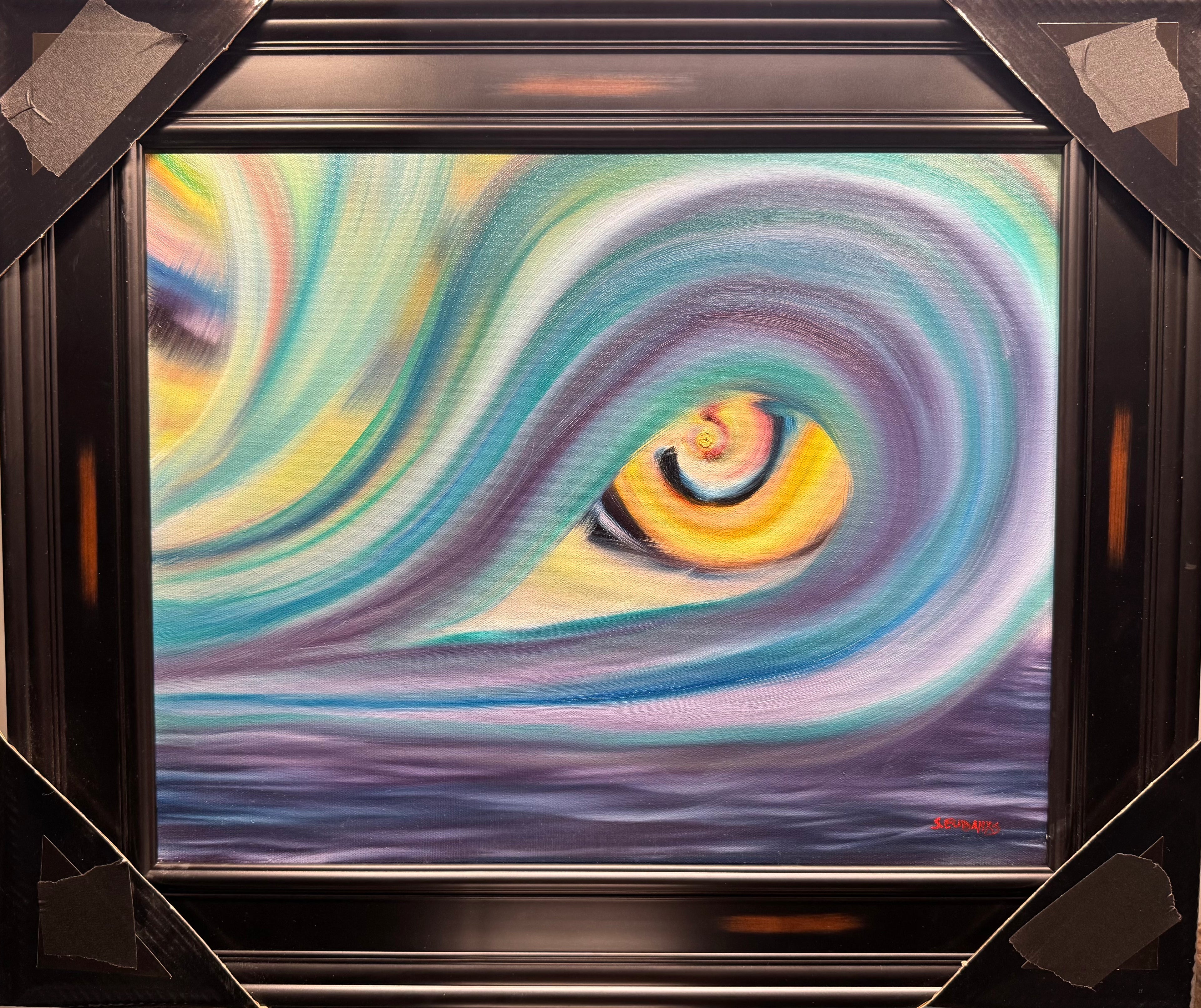 BLACK TAPE Series: "I Wave": (5) Oil painting on 16x20 canvas set with black frame.