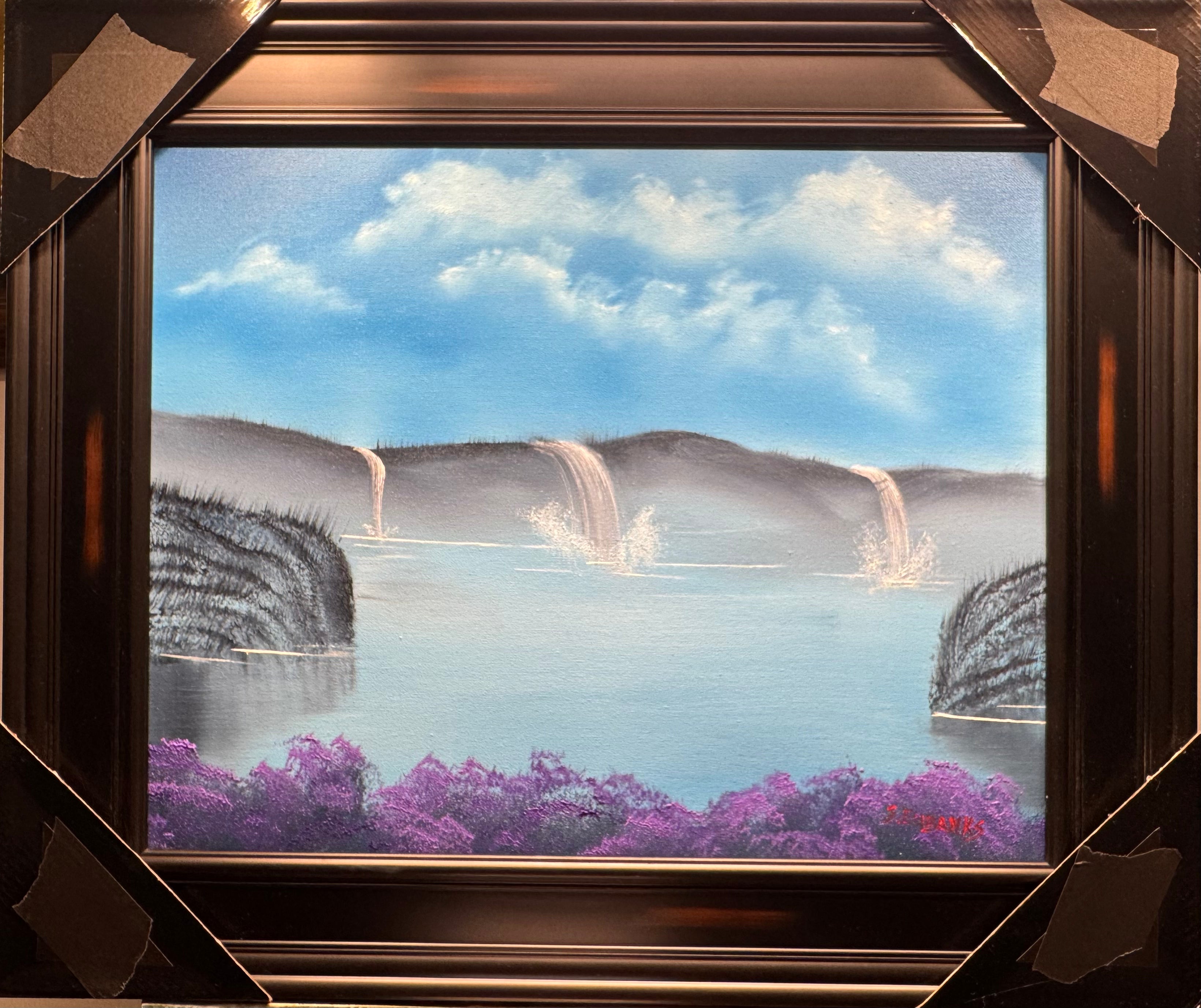 BLACK TAPE Series: "TryFalls" (6) Oil painting on 16x20 canvas set with black frame. Serene Landscape with 3 water falls.