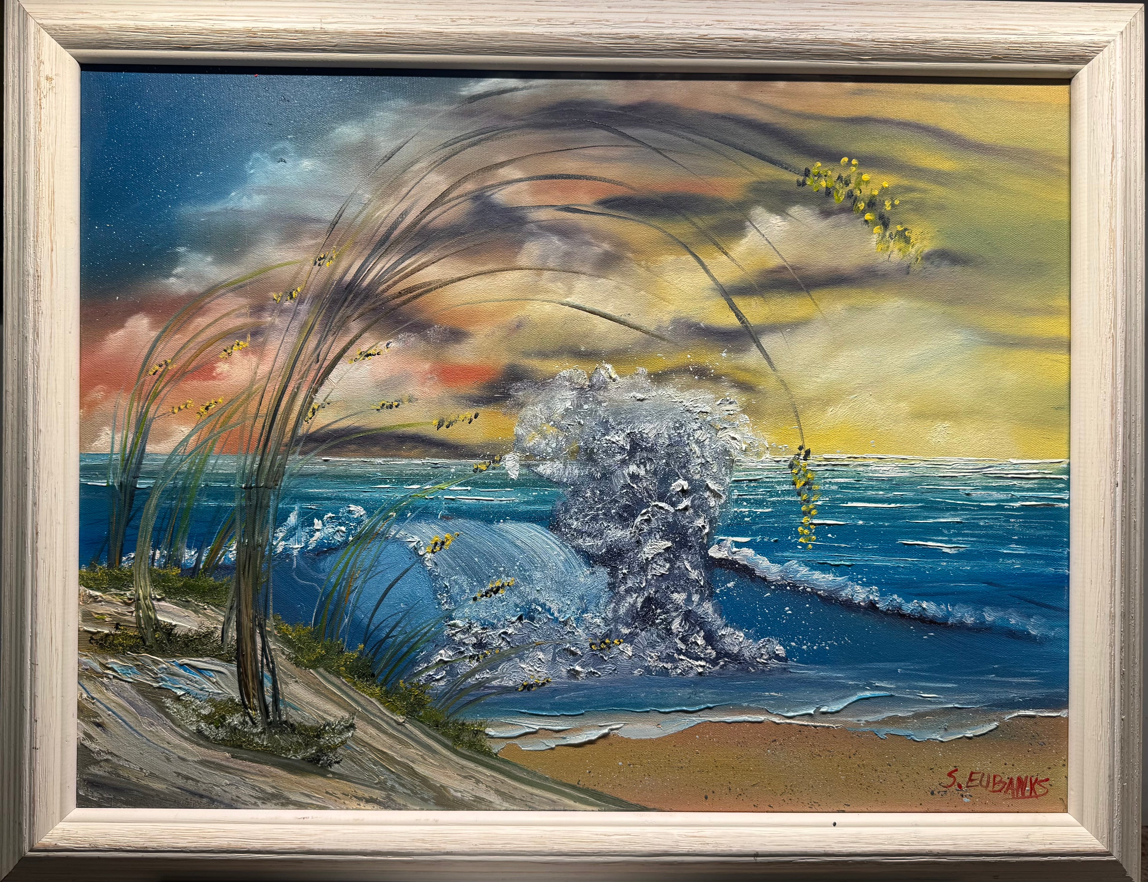 (7) Oil painting on 18x24 canvas within white frame. Windy seascape during sunset
