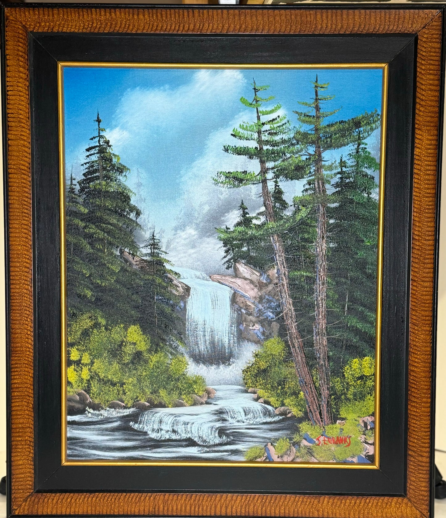 Oil painting on 16x20 canvas set within wood and black frame, Spring landscape with hidden waterfall, trees and pool.