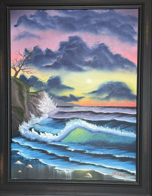 2 Oil painting on 18x24 canvas set within black frame, sunset seascape with waves crashing into cliffs, large breaking wave.