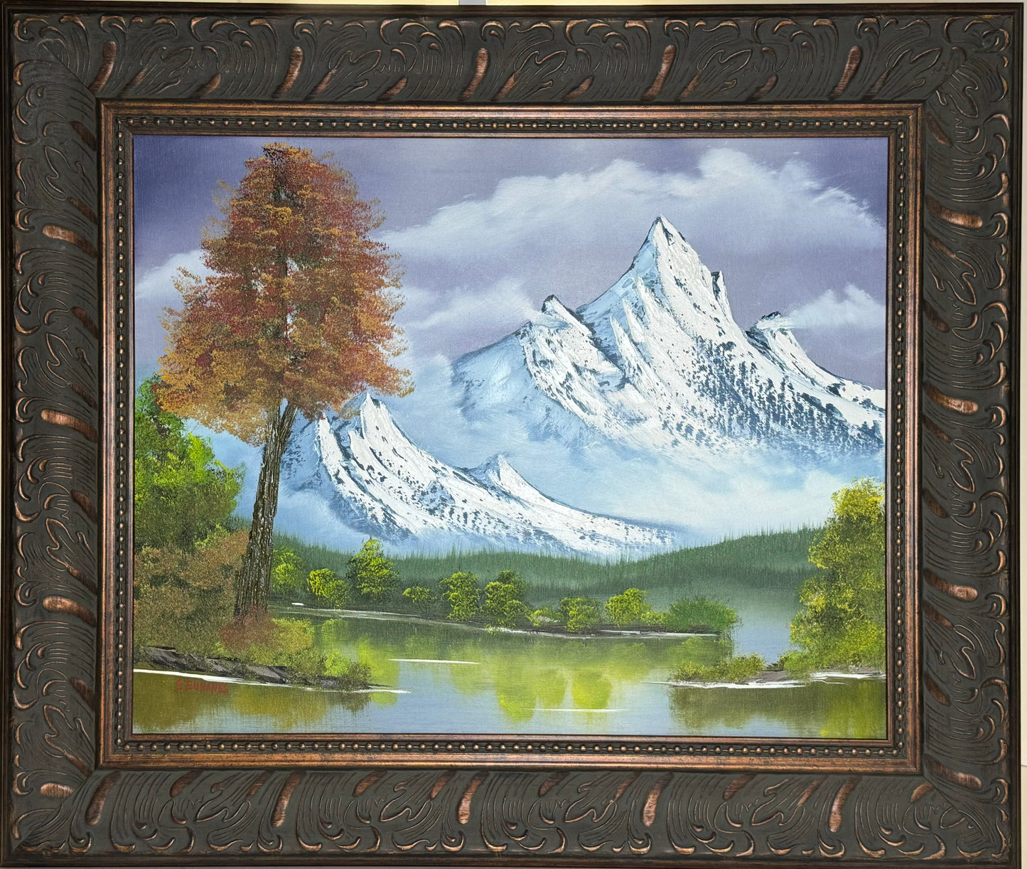 93 Oil painting on 16x20 canvas set within ornate frame, Autumn landscape with mountain range, trees and lake.