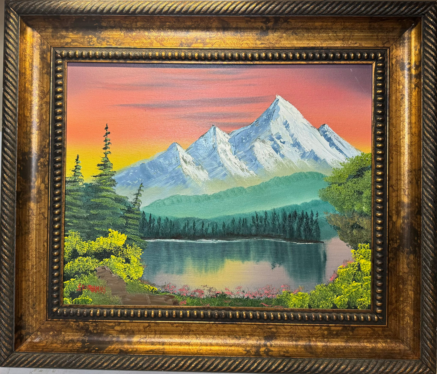 4 Oil painting on 16x20 canvas set within a beautiful gold frame. Mountain landscape with lake, trees and mountain range.