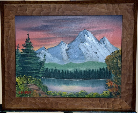 8 Oil painting on 11x14 canvas set within wood frame, Summer landscape at dusk with mountain range, trees and lake.