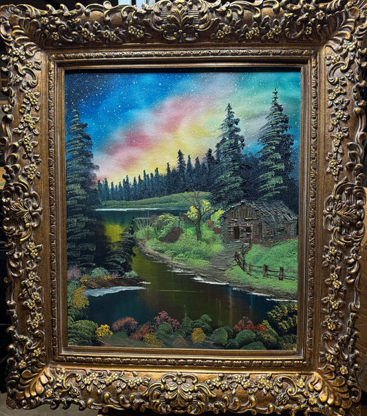 94 Oil painting on 20x24 canvas set within ornate gold frame with gold leaf flowers. Galaxy  landscape with lake, trees and secluded cabin.