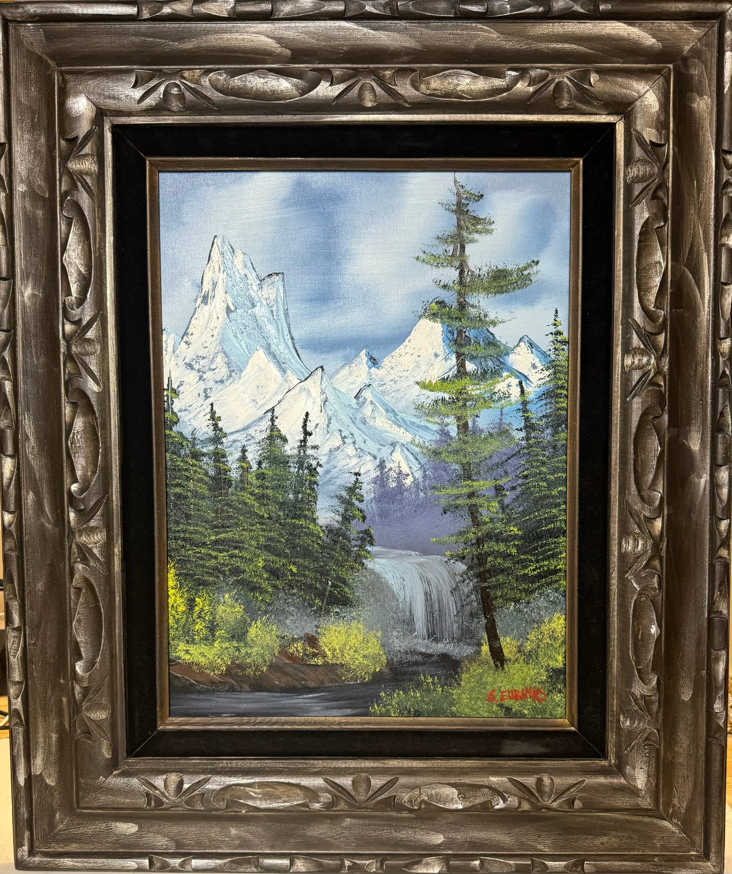 6 Oil painting on 12x16 canvas set within painted gray and black wood frame , landscape with waterfall, trees and mountain range.