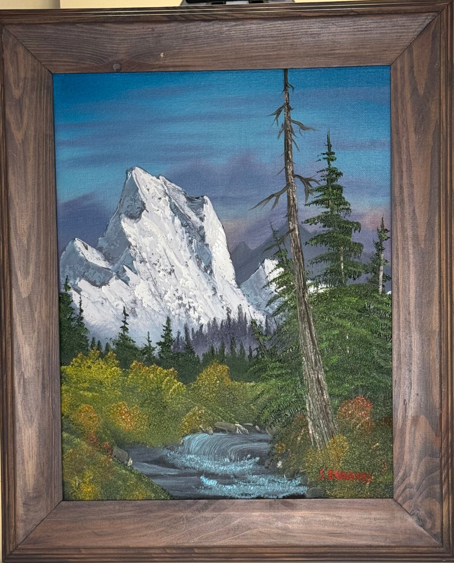 7 Oil painting on 11x14 canvas set within wood frame, Summer landscape with mountain range, trees and stream.