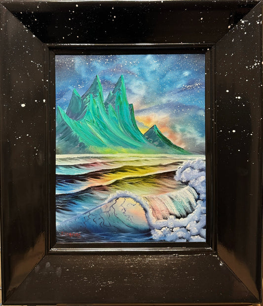 95 Oil painting on 16x20 canvas set within huge black frame with stars projecting from painting. Galaxy landscape with breaking wave, trees and emerald mountains.