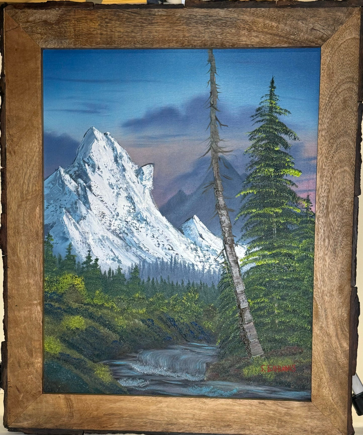 Oil painting on 16x20 canvas set within wood frame, Summer landscape at dusk with mountain range, river and trees.