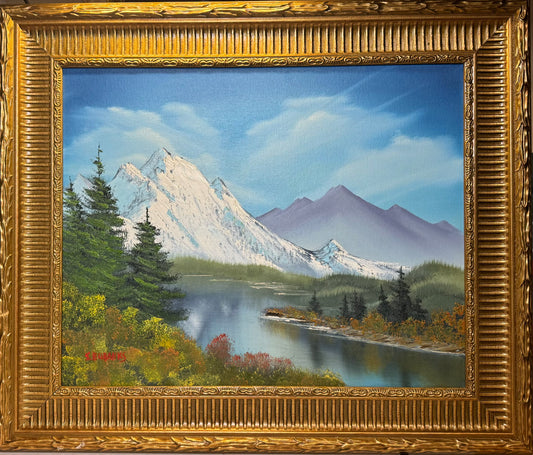 11 Oil painting on 16x20 canvas set within gold frame. Mountain landscape with lake, trees and mountain range.