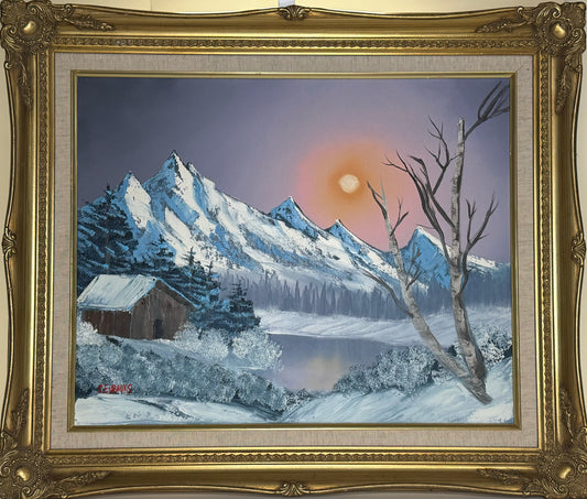 Oil painting on 16x20 canvas set within gold ornate frame, Winter landscape with mountain range, cabin and lake.